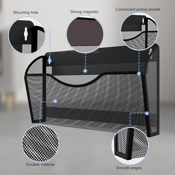 Magnetic File Holder 4 Pockets File Folder Organizer, Office Hanging Magazine Rack for File Cabinets, Magnetic Paper Holder, No Drilling Mail Organizer for Refrigerator, Office - Image 5
