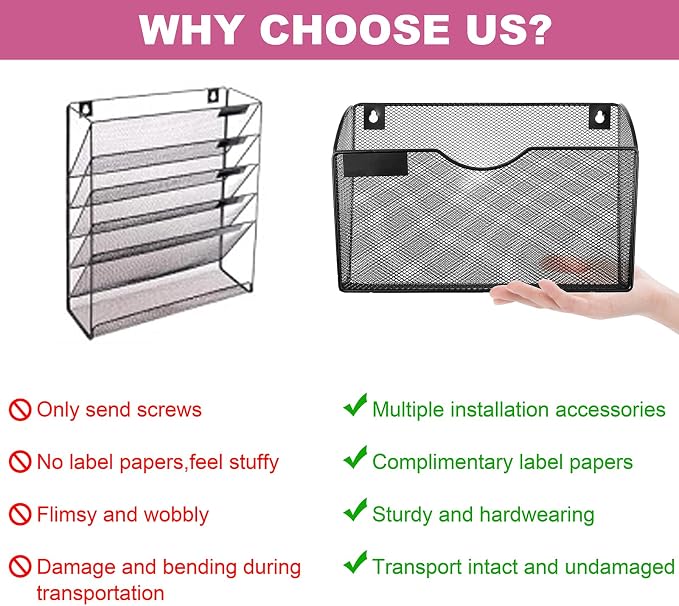 1 Pocket Mesh Wall File Holder Organizer Office Hanging File Folder Magazine Rack, Nametag Label Hooks Set Included (Black) - Image 4