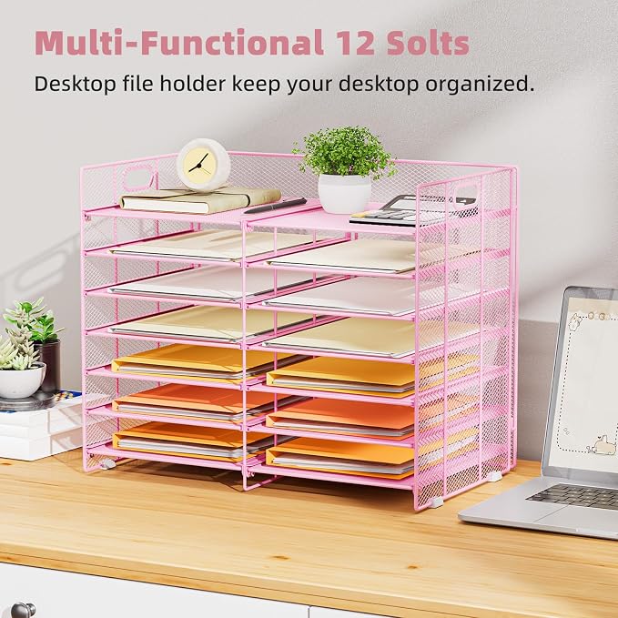 Marbrasse Desktop Literature Organizer, 12 Compartments Mesh Paper Organizer Desk Organizers, Adjustable File Sorter Mail Center Paper Storage Cabinet Classroom Mailbox for Office Home School, Pink - Image 2