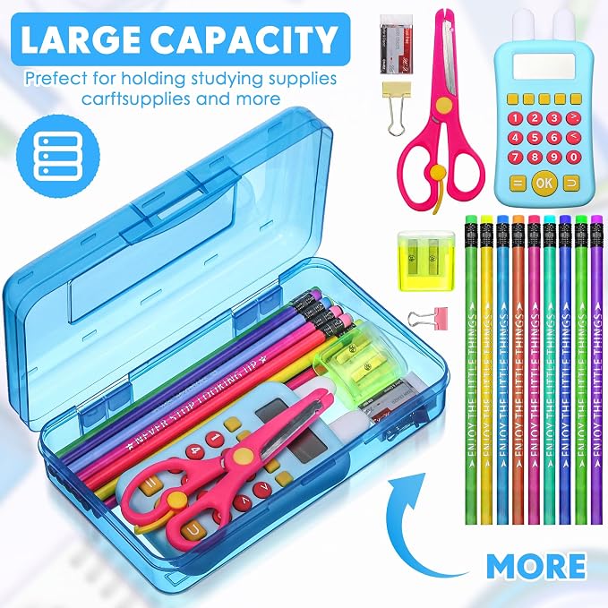 Leelosp 12 Pack Clear Pencil Boxes for School Bulk, Large Plastic Pencil Case with Lid, Stackable Hard Crayon Storage Box for Classroom Kids, Desk Drawer Organizer for Office Home(Blue) - Image 3