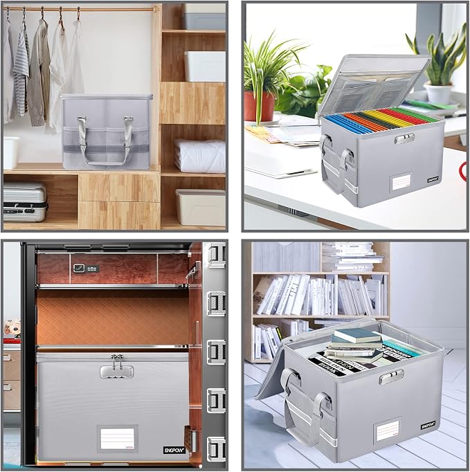 ENGPOW File Box with Lock, Fireproof Document Box with Pockets, Collapsible File Organizer Filing Storage Cabinet with Handle, Portable Home Office Safe for Hanging Letter/Legal Folders,Silver,2 Pack - Image 2