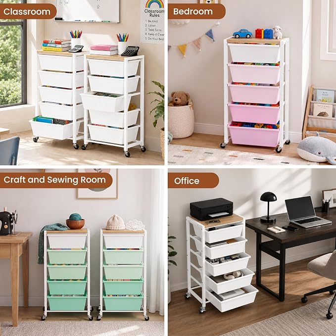 Rolling Cart with 5 Drawers, Plastic Drawer Storage Carts with Wheels & Wooden Tabletop, Metal Utility Cart for Office Bedroom Living Room Classroom, Craft Organization and Storage, Green - Image 6