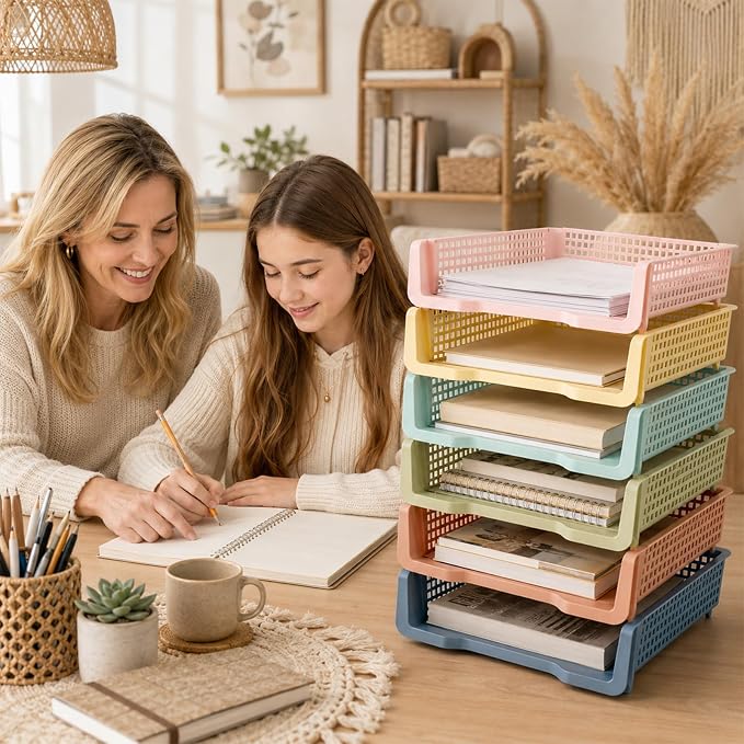 Set of 12 Boho Turn in Trays for Teachers Stackable Classroom Paper Letter Trays Plastic Classroom Desk Letter Organizer Tray Storage Baskets for Library, Drawers, Office, Home - Image 7