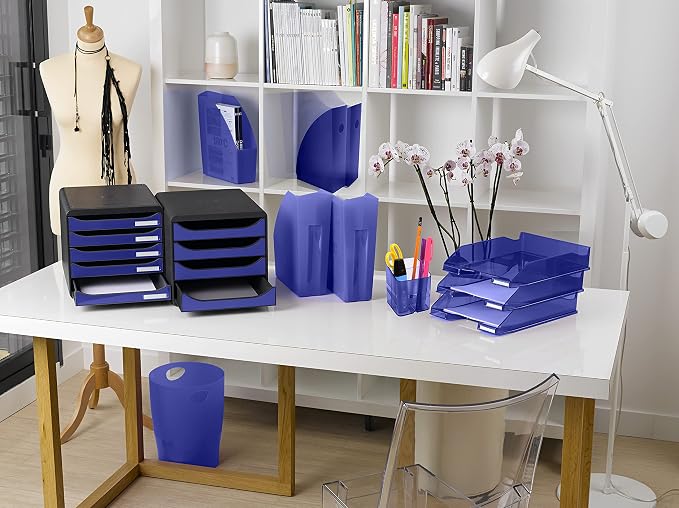 Exacompta - Ref 3097203D - BIG-BOX PLUS Desktop Drawer Set - 5 x 43mm Drawers, Suitable for A4+ Documents, 347 x 278 x 271mm, 100% Recycled Plastic - Black/Glossy Ocean Blue - Image 2
