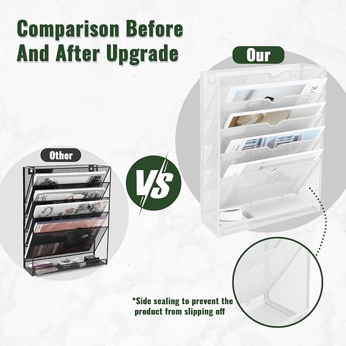 6 Tier Mesh Hanging Wall File Organizer, Desk Vertical Mail Paper Document Folder Holder Rack with Bottom Tray and Nametag Label for Office Home School, White - Image 3