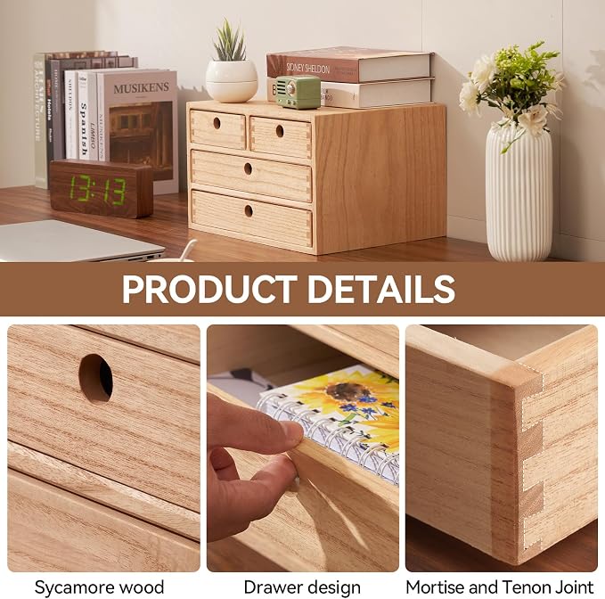KIRIGEN Wood Desk Organizer with 4 Drawers, Desktop Storage, Natural 34-NA | 3-Tier Solid Wood Cabinet Holds Letter-Size Paper, Mail, Makeup, Crafts, and Home Office Supplies, Fully Assembled - Image 6