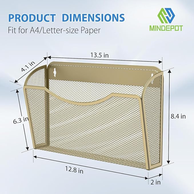 MINDEPOT Wall File Organizer, Hanging Wall File Holder, 2 Pack, Gold | Heavy Duty Iron, Metal Mesh Wall Mount, Single Pocket, Mail Organizer, for Office School Classroom Home, Letter A4 Size - Image 2