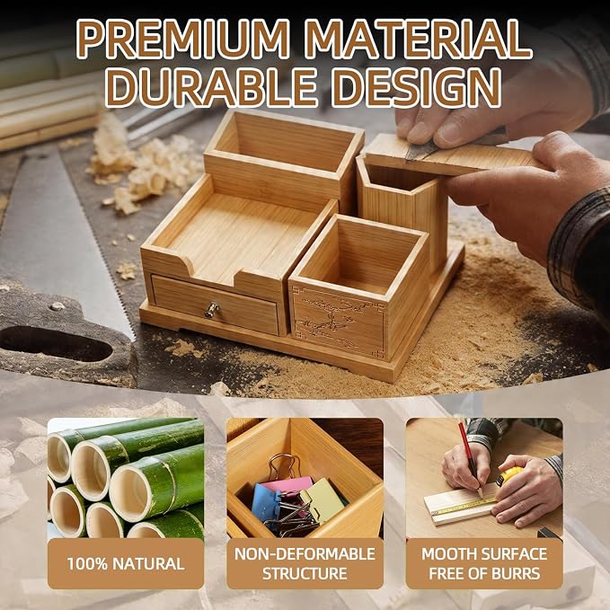 Bamboo Desk Organizer with Drawer & Pen Holder, Office Desk Caddy Storage | Natural Bamboo Wooden Desk Organizers and Accessories with Drawers Multi-Compartment Desktop Storage for Office Home Supplies - Image 6