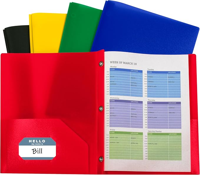 C-Line Two-Pocket Heavyweight Poly Portfolio with Prongs, for Letter Size Papers, Includes Business Card Slot, Assorted Colors, 10 Pack (32960) by C-Line
