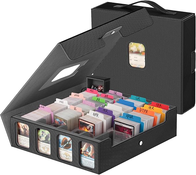 3200+ Trading Card Storage Box with Commander Display, 4 Row Card Deck Box with Portable Handle, Compatible for TCG/MTG/Magic Cards, 30 Colorful Divider, 8 Supporters, US Design Patent (Black&Grey) by Gomyrod