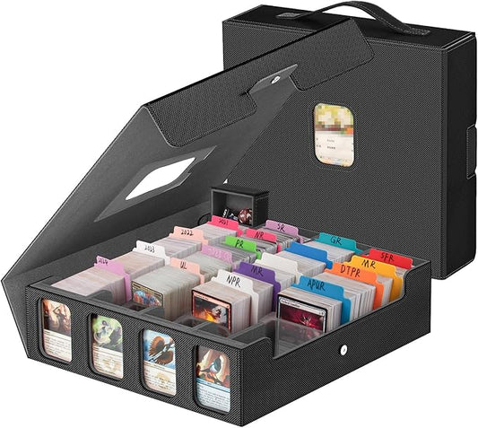 3200+ Trading Card Storage Box with Commander Display, 4 Row Card Deck Box with Portable Handle, Compatible for TCG/MTG/Magic Cards, 30 Colorful Divider, 8 Supporters, US Design Patent (Black&Grey) by Gomyrod
