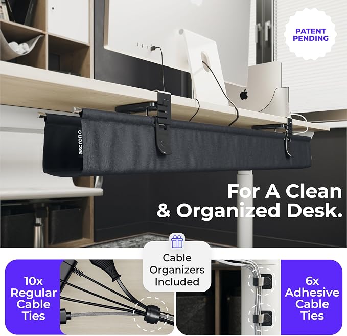 Original No Drill Under Desk Cable Management Tray 40.6" - Premium Black Fabric Cable Management Under Desk - Clamp/Screw Mount Cord Organizer - Supports Upto 66lbs - Large - Image 5