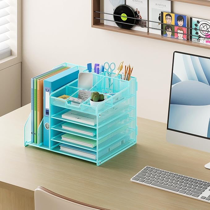 Lavatino 5-Tier Desk Organizer with 2 File Holders, Metal Adjustable Paper Letter Tray for Office or Home Desk Organizers and Accessories | 7 Flexible Dividers Keep Workspace Supplies Neat, Blue - Image 5