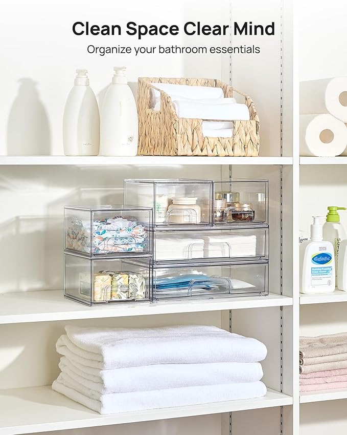 Vtopmart Stackable Storage Drawers Set of 6, Clear Plastic Organizer Bins for Bathroom Supplies, Ideal for Cabinet,Shelf, Pantry, Laundry Room Organization - Image 6