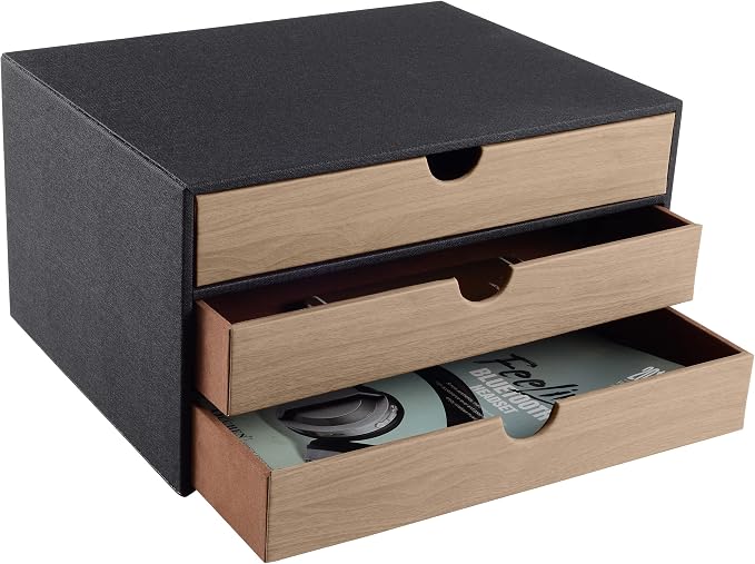 Fashion Multicolor Collocation Leather Desk Organizer File Cabinet Executive Office Supplies Desktop Filing A4 Contract Document Stackable Storage Box with 3 Drawers (Black) - Image 4