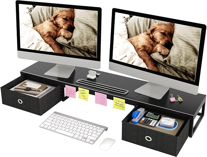 Mexin 39" Dual Monitor Stand Riser with 2 Storage Drawers, Carbon Fiber Computer Desk Organizer for 2 Monitors, Heavy Duty 100 Lbs Desktop Stand with Phone Tablet Holder for Home Office, Black by Mexin