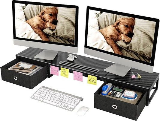 Mexin 39" Dual Monitor Stand Riser with 2 Storage Drawers, Carbon Fiber Computer Desk Organizer for 2 Monitors, Heavy Duty 100 Lbs Desktop Stand with Phone Tablet Holder for Home Office, Black by Mexin