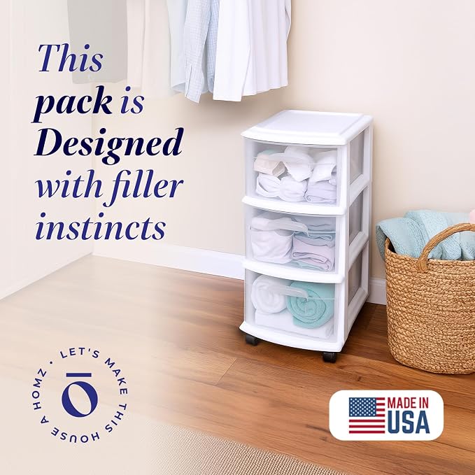 HOMZ Drawer Tower, 3-Tier Storage Cart with Removable Wheels, White Frame | Plastic Organizer with Clear Bin Drawers for Bedroom, Bathroom, Home Office, and Dorm Rooms - Image 4