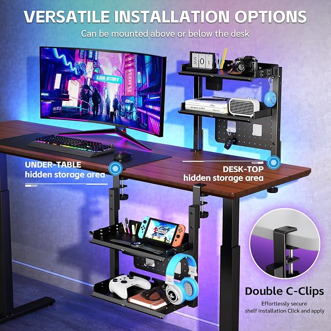 Metal Clamp On Desk Shelf,Storage Shelves with Pegboard and Pencil Holder | 2-Tier Adjustable 16 inch Above or Under Heavy Duty Desktop Organizer with Headphone Holder for Desk Accessories (Black) - Image 6