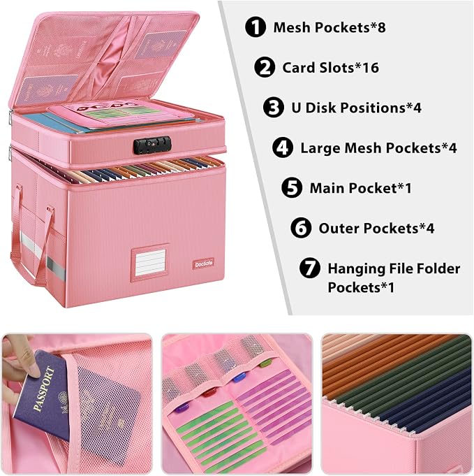 DocSafe File Box with Lock,Multi-Layer Fireproof Document Box Collapsible File Storage Organizer with Pockets/Handle,Large Portable Home Office Filing Safe for Hanging Letter/Legal Size Folders,Pink - Image 2