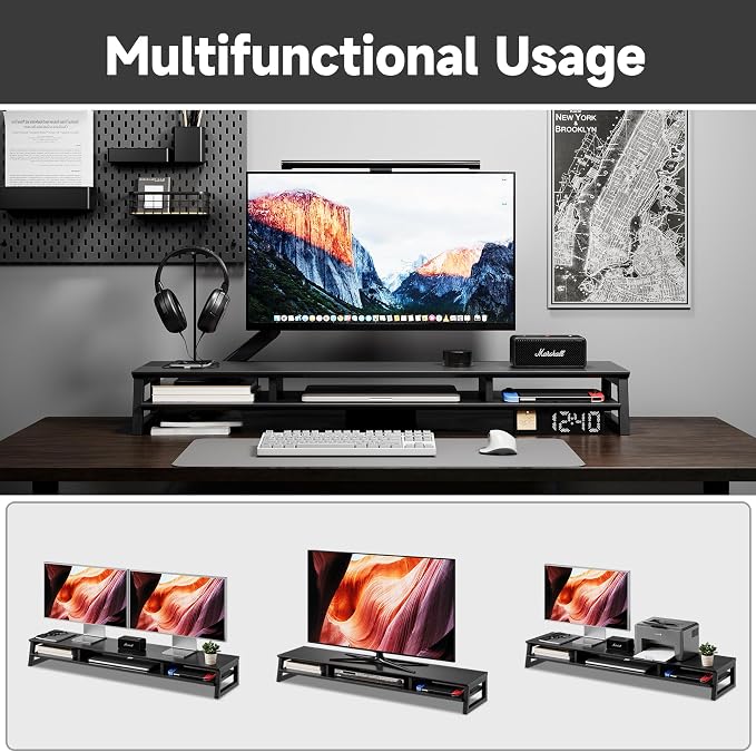 Dual Monitor Stand Riser for Desk, 41.7 Inch Large 2 Tier Computer Monitor Stand for 2 Monitors, Desktop Storage Organizer Shelf with Keyboard Space for Laptop PC Printer, Black - Image 5