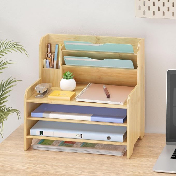 Bamboo File Organizer for Desk, Desktop Paper Tray and Mail Holder | Three open tiers keep A4/letter paper, folders, bills and mail sorted, visible and easy to reach while saving desk space by Unknown