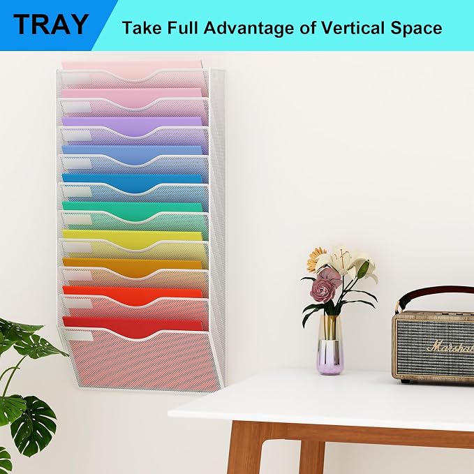 10 Pockets Hanging Wall File Organizer Mail Holder, Wall Mounted Paper Document Folder Holder, Clipboard Storage Organization Magazine Rack, White - Image 7
