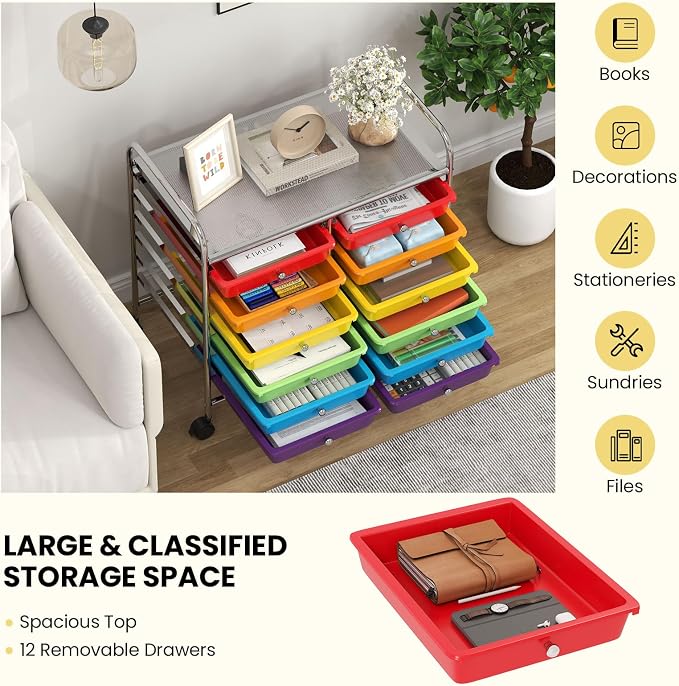 Giantex 12 Drawers Rolling Cart, Mobile Storage Drawer Cart, Classroom Organizer Cart for Office School Supplies Tools Scrapbook Paper Craft Small Printer, Utility Cart on Wheels, Multicolor - Image 7