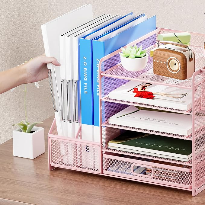 Marbrasse Desk Organizer with File Holder, 5-Tier Paper Letter Tray Organizer with Drawer and 2 Pen Holder, Mesh Desktop Organizer and Storage with Magazine Holder for Office Supplies(Pink) - Image 5