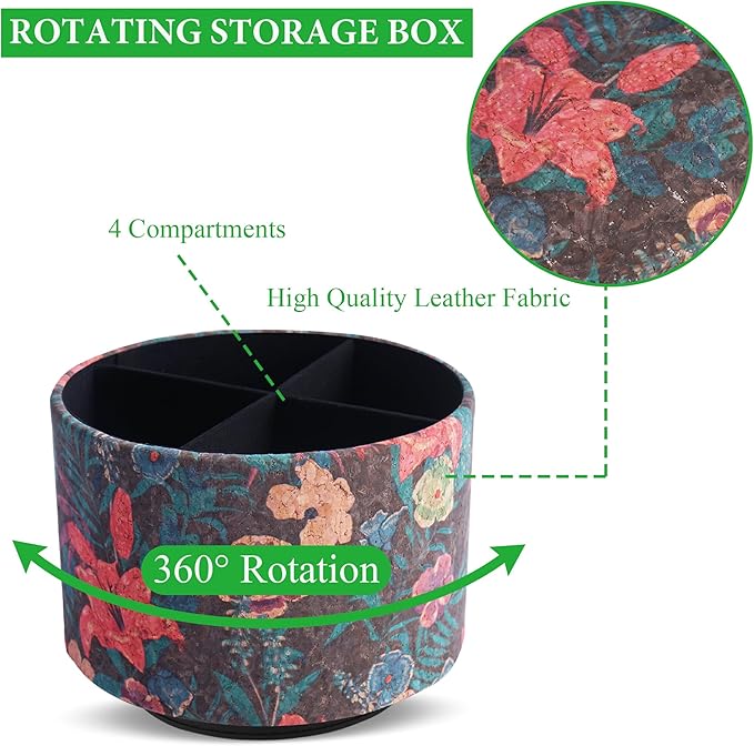 Round Leather Art Supply Organizer,Remote Control Holder,360 Degree Spinning,Multi-Functional Pencil Holder,4 Compartments Desktop Stationary Organizer(1-Wood Leather Red)