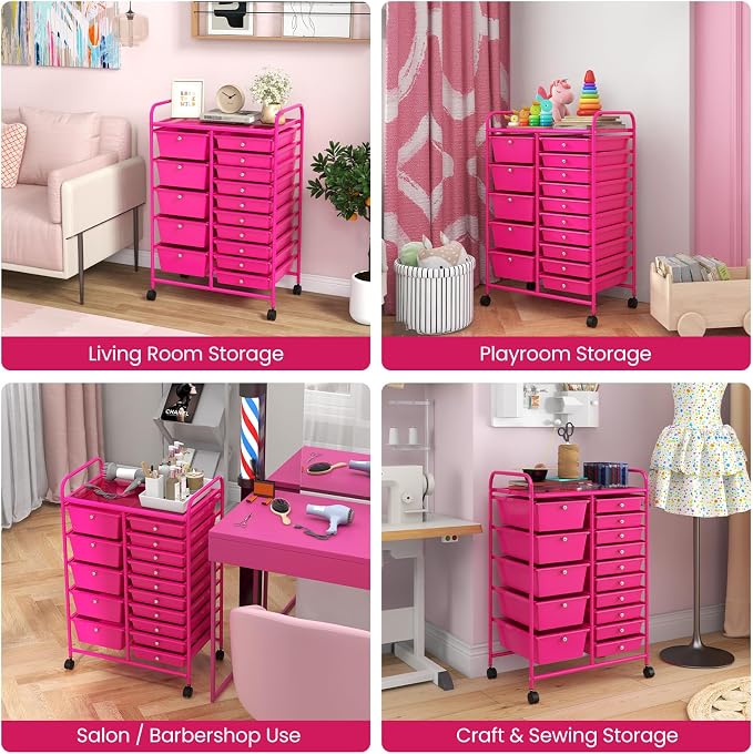 Moccha 15-Drawer Rolling Storage Cart - Under Desk Storage Drawers with wheels for Craft Art Supply Paper Salon, Scrapbook Paper Tools, Mobile Utility Cart for Classroom (15 Drawers, Hot Pink) - Image 8