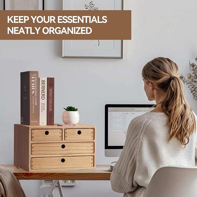 KIRIGEN Wood Desk Organizer with 4 Drawers, Desktop Storage, Natural 34-NA | 3-Tier Solid Wood Cabinet Holds Letter-Size Paper, Mail, Makeup, Crafts, and Home Office Supplies, Fully Assembled - Image 2
