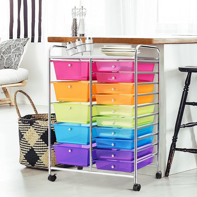 DORTALA 15-Drawer Rolling Storage Cart with Drawers, Rolling Utility Cart w/Removable Drawers & Universal Wheels, Tools Scrapbook Paper Organizer for School, Office, Home, Classroom (Rainbow) - Image 2