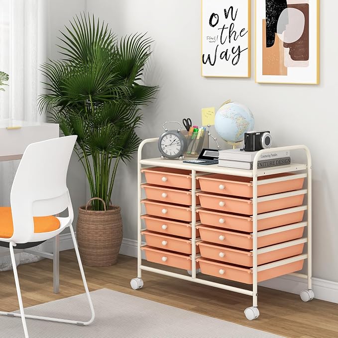 Giantex 12 Drawers Rolling Cart, Mobile Storage Drawer Cart, Classroom Organizer Cart for Office School Supplies Tools Scrapbook Paper Craft Small Printer, Utility Cart on Wheels, Peach Fuzz - Image 4