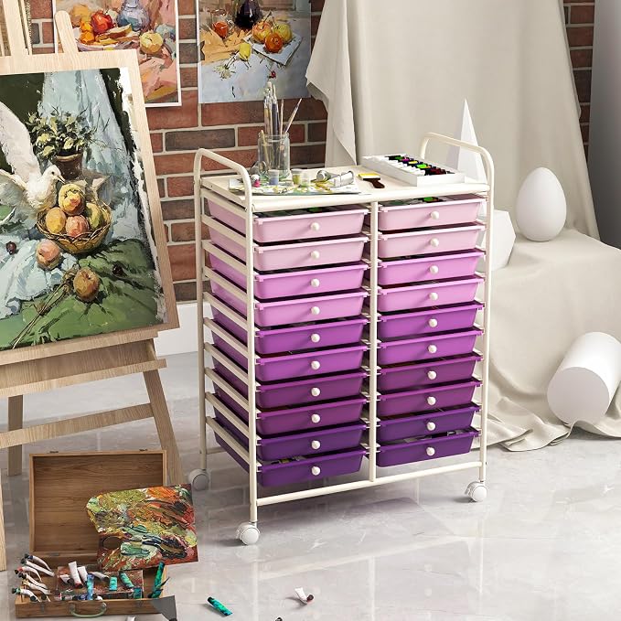 GOFLAME 20-Drawer Rolling Storage Cart, Multifunctional Art Craft Organizer Cart, Mobile Utility Storage Cart with Removable Drawers & Lockable Wheels, Craft Cart for Home Office, Purple Gradient - Image 7