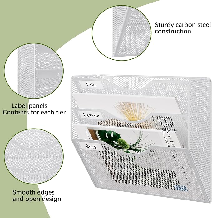 EasyPAG 3 Pocket Mesh Wall File Organizer, Hanging Paper Folder Holder with Classify Label, Vertical Wall Mount Mail Organizer for Office Home Classroom, White - Image 3