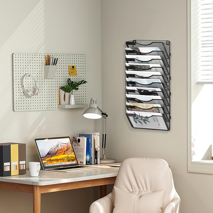 EasyPAG Wall File Organizer for Office 10 Pocket Mesh Wall Mounted Paper Organizer Hanging Folder Holder with Nametag Label for Home School, Black - Image 7