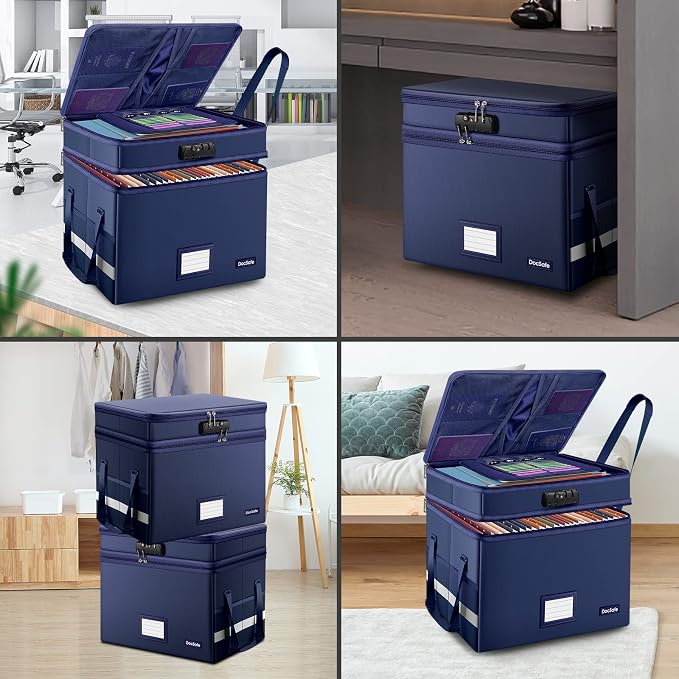 DocSafe File Box with Lock,Multi-Layer Fireproof Document Box Collapsible File Storage Organizer with Pockets/Handle,Large Portable Home Office Filing Safe for Hanging Letter/Legal Size Folders,Blue - Image 3