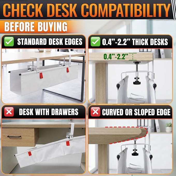 Under Desk Cable Management Tray 28" — No Drill Clamp-On Cord Organizer for Desk with Built-in Ties, Heavy Duty Metal Clamp, Foldable 600D Oxford Fabric for Home Office, WFH & Gaming PC Setup (White) - Image 8