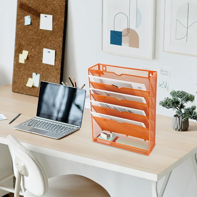 6 Tier Mesh Hanging Wall File Organizer, Desk Vertical Mail Paper Document Folder Holder Rack with Bottom Tray and Nametag Label for Office Home School, Orange - Image 7