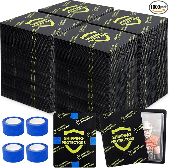 1000-Pack Trading Card Shipping Protectors 3.5'' x 4.5'' with 8 Rolls of Tape Heavy Duty Corrugated Sheet for Safe Shipping, Precut Card Mailers for Sports, MTG, and Collectible Cards (Black) by Succwoah