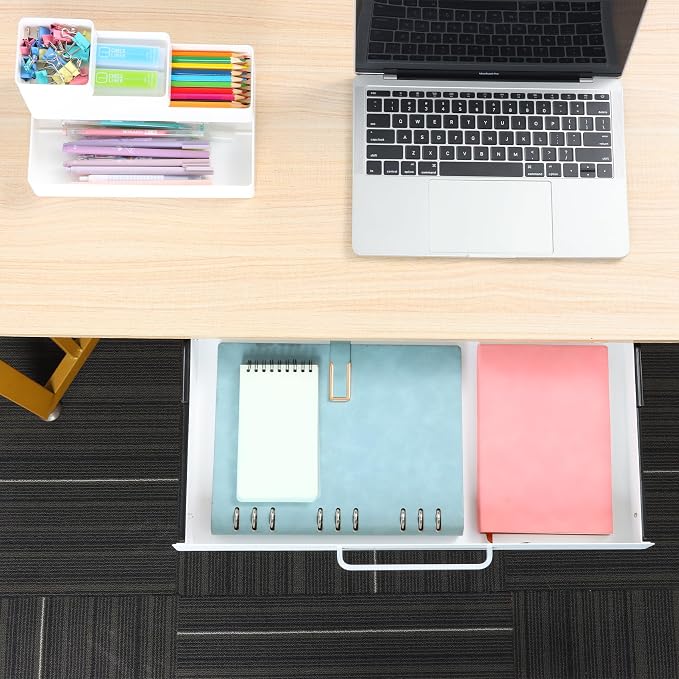 Under Desk Drawer 21" with 4 Divider Trays, Storage Drawer Organizer | White, Under Counter, Desk Accessory, Attachable for Workbench, Adjustable Brackets, for Desk Lip with Crossbar, Clamp Mount - Image 8