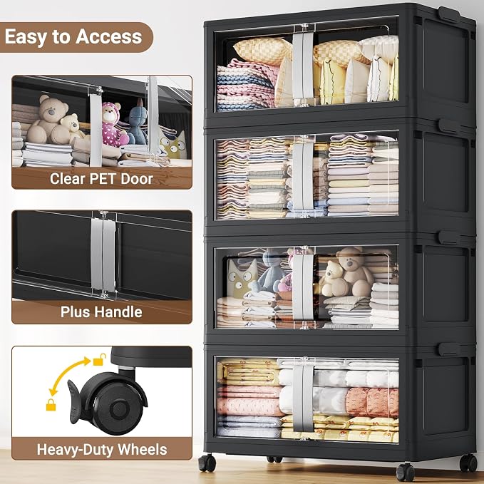 BROVIEW 640QT Stackable Storage Bins with Lids, 160Gal Extra Large Collapsible Storage Box with Wheel, Plastic Storages with Clear Door Open Front for Home Kitchen Garage, Black-4pack - Image 4