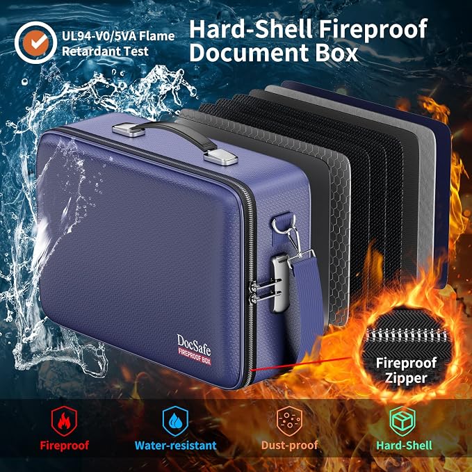 DocSafe Fireproof Document Box with Lock＆Shoulder Strap,Hard Case File Organizer with Accordion File Folder,Multi-Layer Portable Home Office Travel Safe Storage for Important Documents Laptop Blue - Image 2