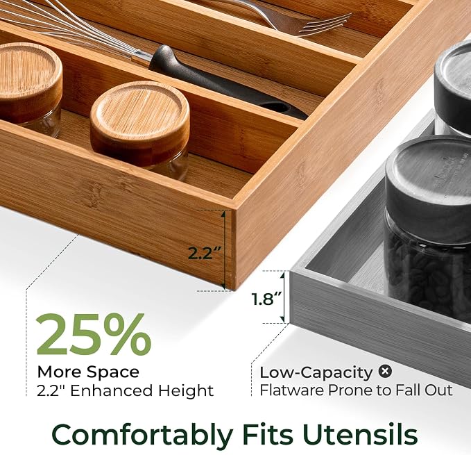 Carbonized Bamboo Kitchen Drawer Organizer, 8 Slots Silverware Organizer, Utensil Holder & Cutlery Tray, 2.2" Deep for Extra Capacity, Non-Slip Feet Included - Image 3
