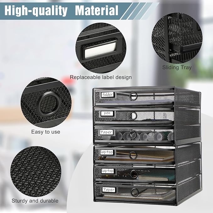 Zhanmai 2 Pack Black Desk Organizer with Drawer Total Wire Mesh Storage Tray Multifunctional Paper Sorter File Stand for Home Office Supplies Letter A4 Paper Office Accessories Back to School (3 Tier) - Image 4