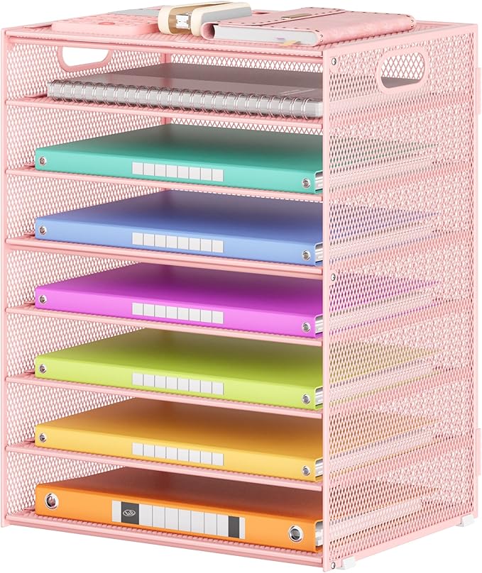 Lavatino 8-Tier Letter Tray Desk Paper Organizer, Mesh File Sorter Tray Organizer for Desk Office Supplies & Home Organization, Fits A4 Paper, Mail, Magazines and Office Accessories (Pink with Handle) by Lavatino
