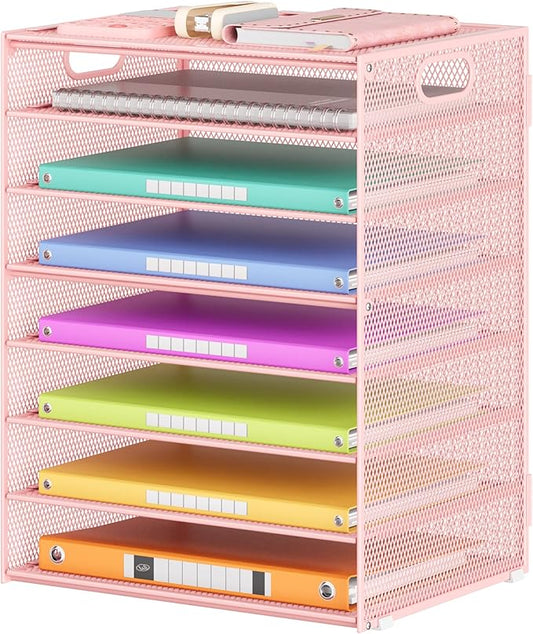 Lavatino 8-Tier Letter Tray Desk Paper Organizer, Mesh File Sorter Tray Organizer for Desk Office Supplies & Home Organization, Fits A4 Paper, Mail, Magazines and Office Accessories (Pink with Handle) by Lavatino
