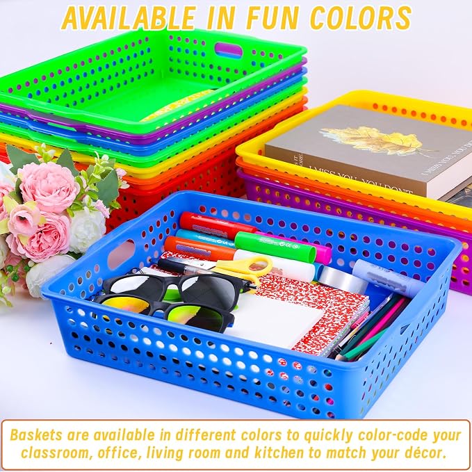 12 Pcs Plastic Classroom Storage Baskets Bulk 14 x 10 In Turn in Paper Tray for Classroom A4 Size Colorful Storage Organizer Bin with Handles Stackable Container for Playroom Home Office School Supply - Image 5