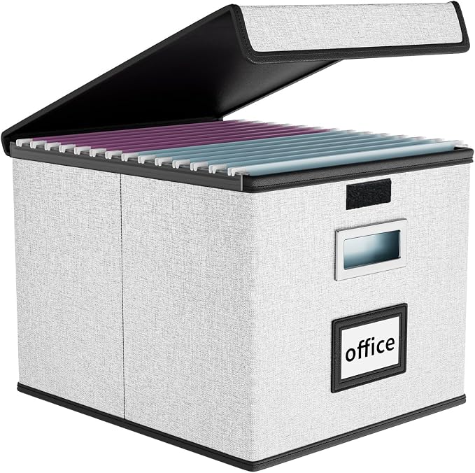 File Organizer Box with Lids, Collapsible File Folder Organizer | File Box with Plastic Slides for Office Document Storage, Filing Bin for Letter Size Hanging File Folders (1 Pack, White) by Huolewa